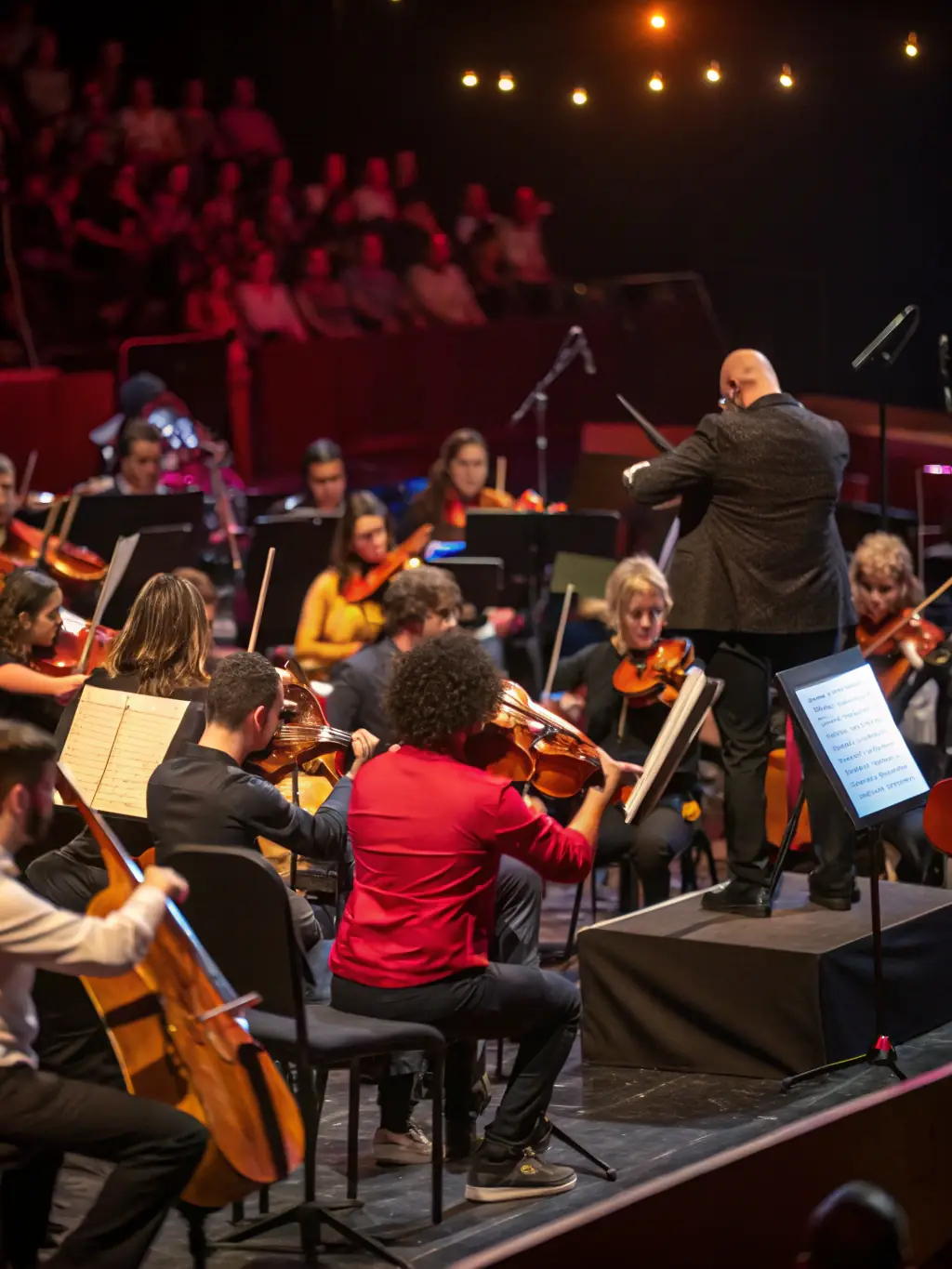 A vibrant photograph capturing a live performance of the Opera Orchestre national Montpellier, showcasing the orchestra in full swing with singers on stage, set against the backdrop of a beautifully lit concert hall.