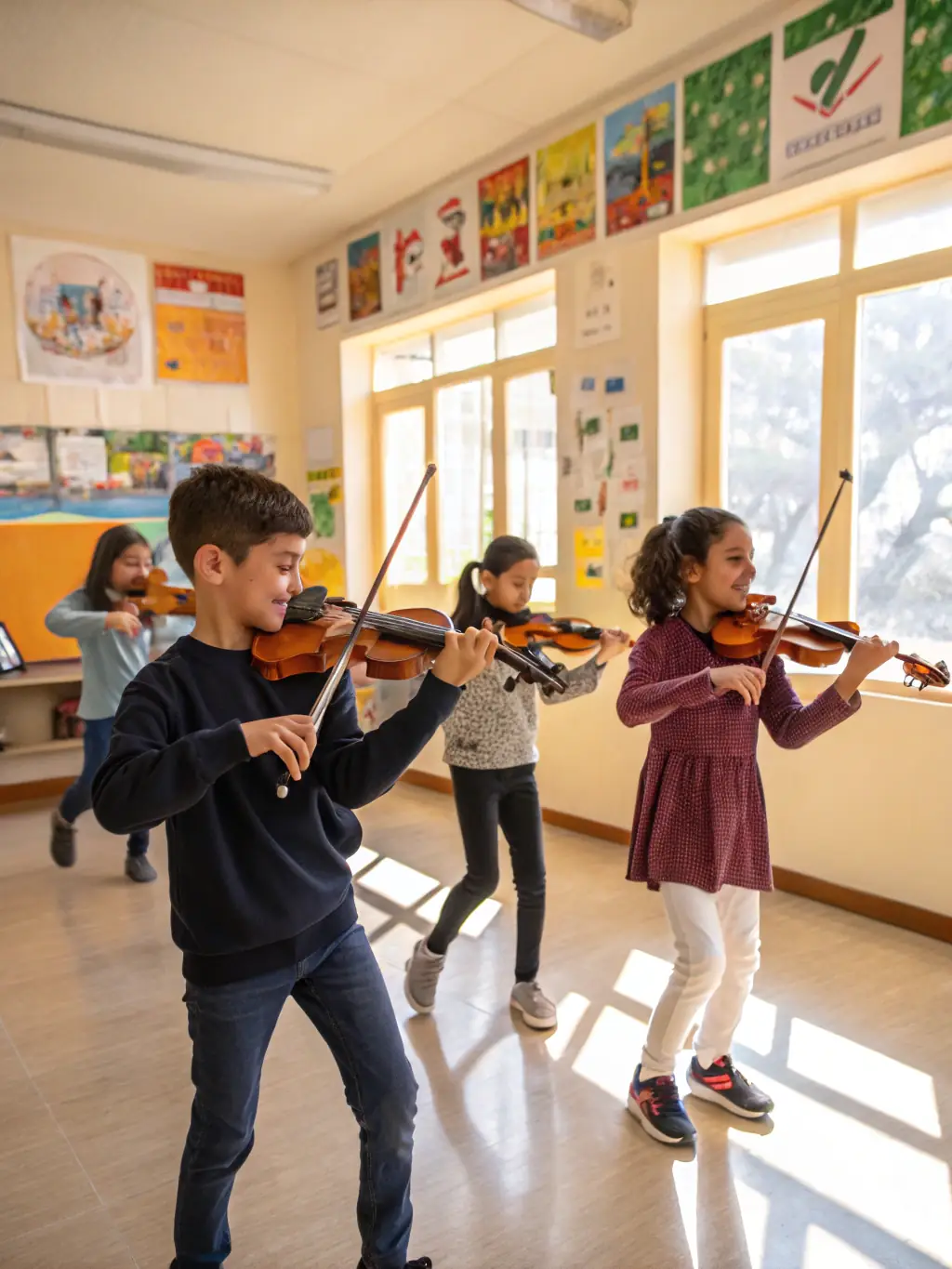 A group of young students participating in an educational workshop led by musicians from the Opera Orchestre national Montpellier, showing them actively engaged in learning about musical instruments and composition.